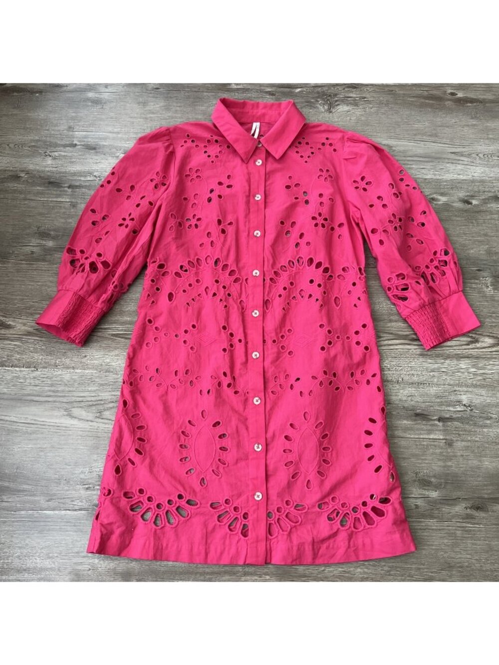 NWT Anthropologie Eyelet Shirt Dress Womens M Fuchsia Broderie Anglaise